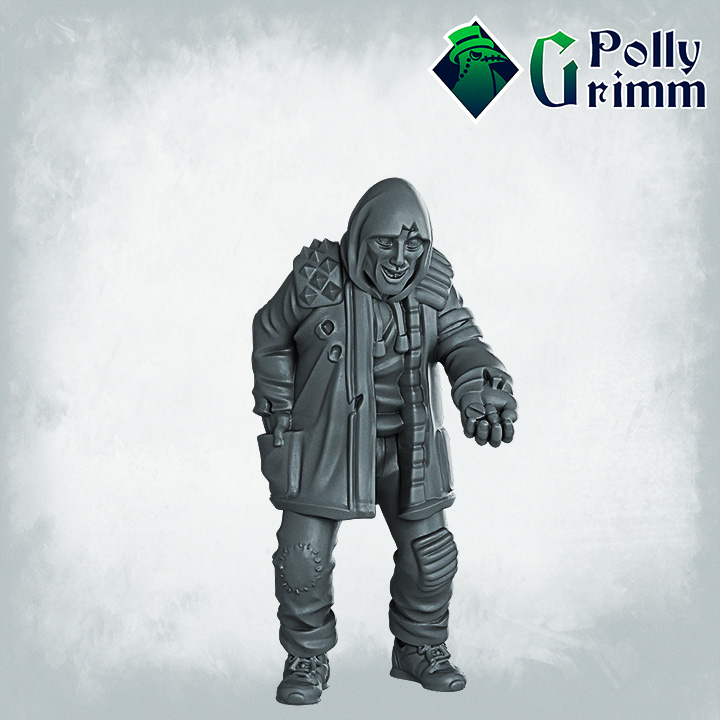 Sci-fi tabletop miniature. Neon Shadows, cyberpunk set. Drug diller